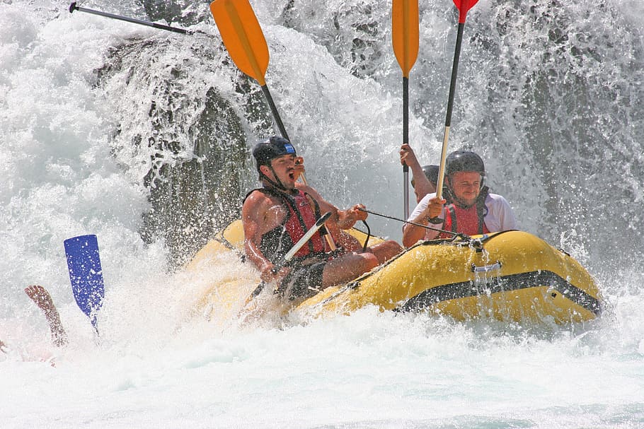 four, men, inflatable boat, rafting, una river, bosnia, sport, extreme Sports, speed, water Sport