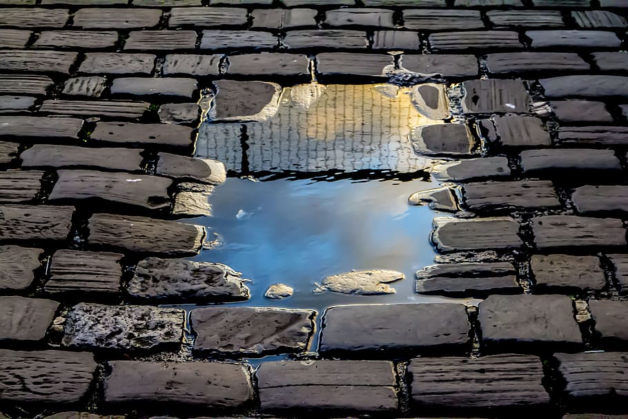 water puddle, brick floor, reflection, brick road, rain, fence, dom, border, barrier, prison
