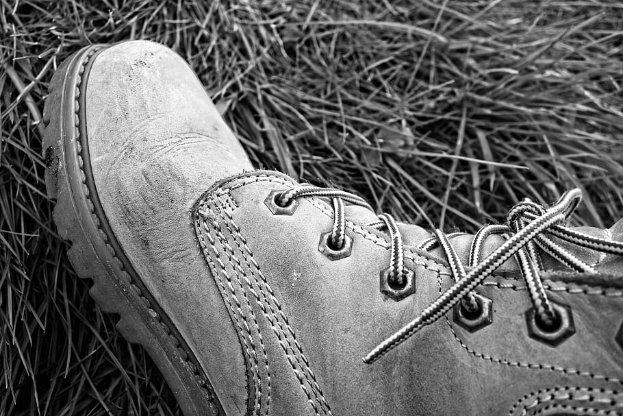 grayscale photo, work boot, foot, shoe, boot, hiking boot, unisex, male, female, laces