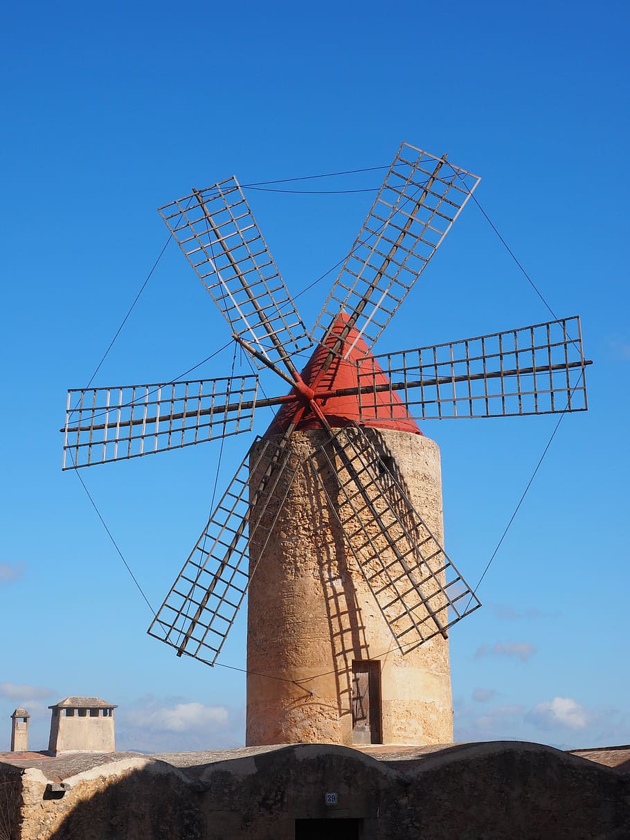 brown windmill, Windmill, Algaida, Mallorca, Landmark, places of interest, technical building, building, architecture, roof