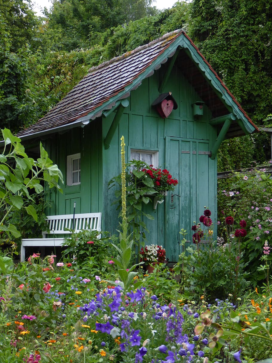 garden, garden shed, romance, romantic, cottage, idyllic, plant, flowering plant, flower, architecture