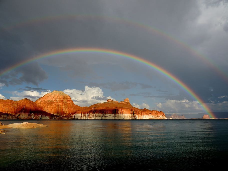 rocky, mountain, sea, daytime, rainbow, lake powell, padre bay, utah, usa, landscape