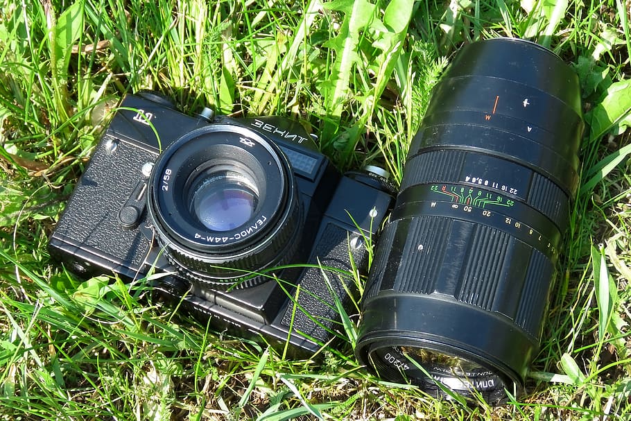camera, lens, retro, hobby, phototechnique, of technology, grass, land, plant, black color