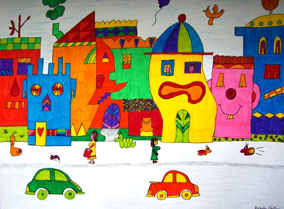 子供, ウォーキング, 通り, 正面, 家の絵, 家, 画像, 塗装, カラフル, 色