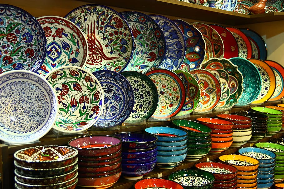 assorted-color, floral, dinnerware lot, shelf, Istanbul, Turkey, Grand Bazaar, Travel, tourism, turkish