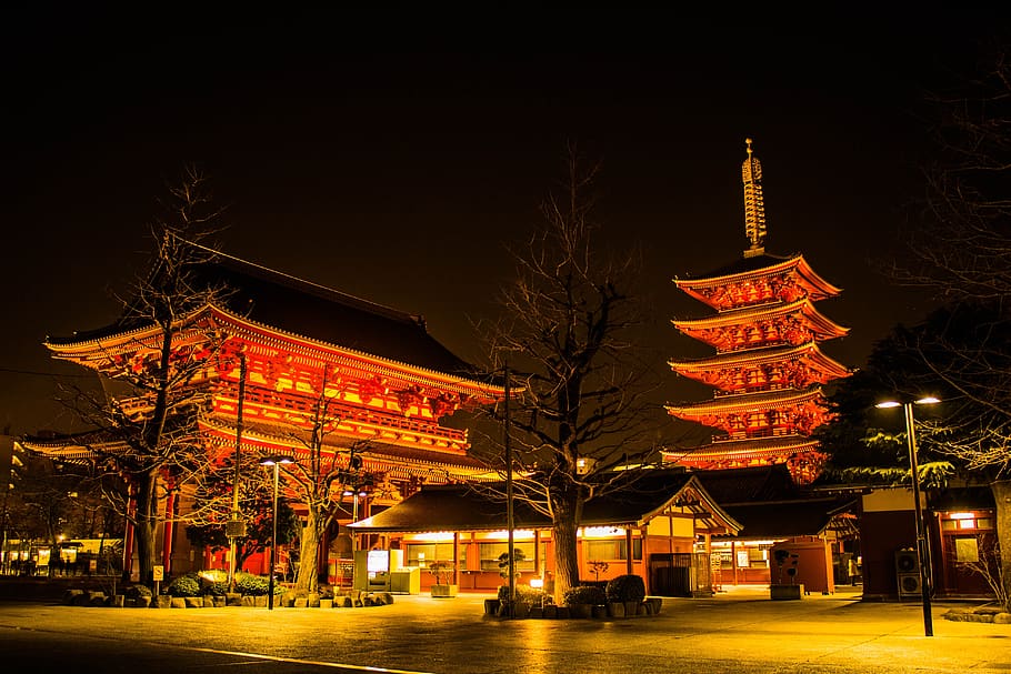 japan, temple, night, senso-ji temple, tourism, attractions, tourist, light, asakusa, darkness