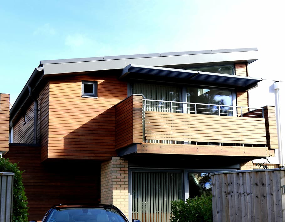 low, angle, brown, wooden, 2-storey, 2- storey house, architecture, building, infrastructure, structure
