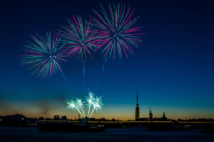 salute, day of the city, in the sky, holiday, night, fireworks, lights, the peter and paul fortress, st petersburg russia, petersburg