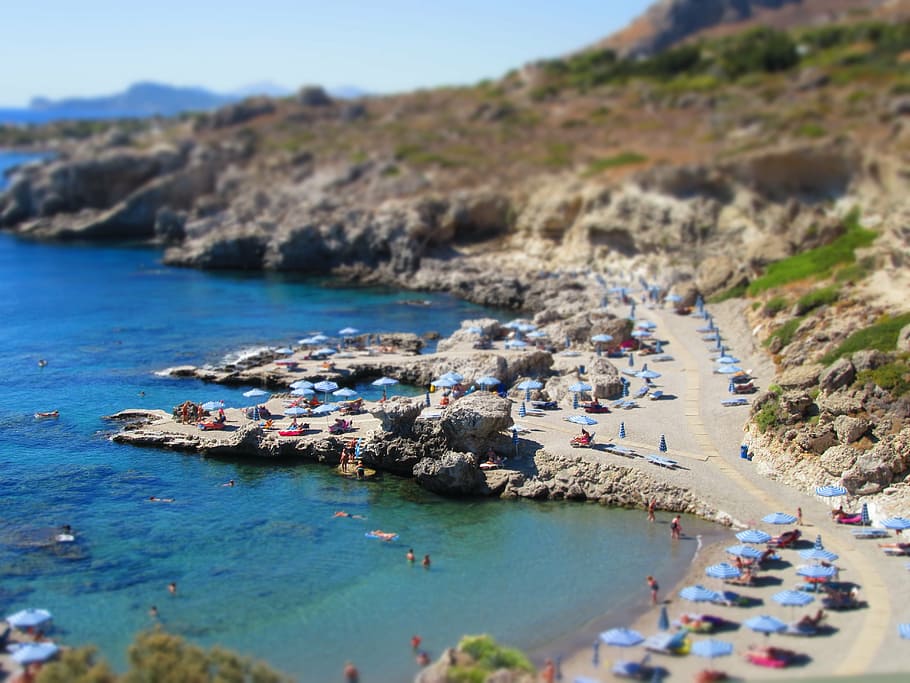 greece, beach, stone beach, holiday, booked, cliffs, rhodes, kalithea, sea, coastline
