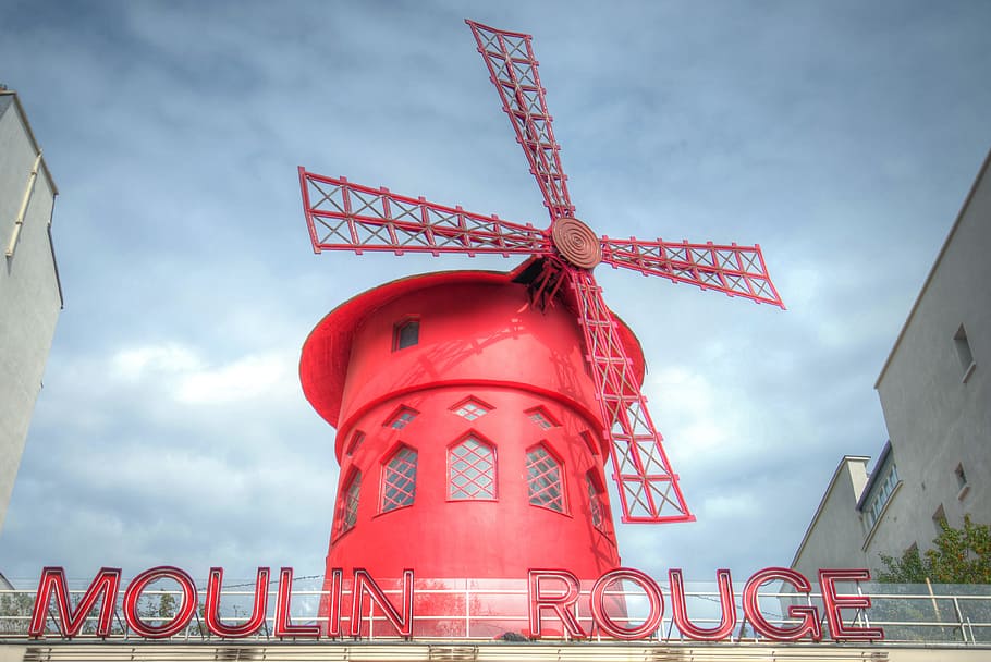 moulin rouge, paris, france, cabaret, boulevard, moulin, cloud - sky, sky, red, architecture