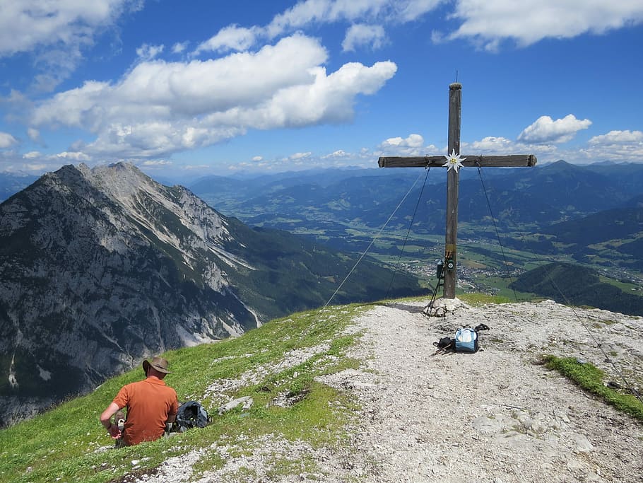 stoderzinken, cross, mountains, view, blue sky, summer, body kits, clouds, mountaineering, austria