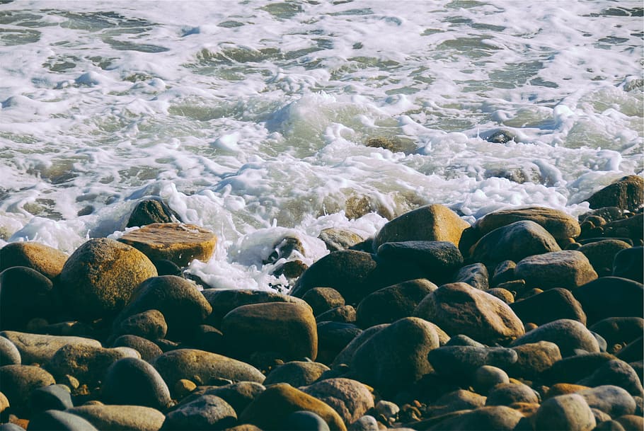 seawaves, black, rocks, daytime, photography, beach, stones, shore, ocean, sea
