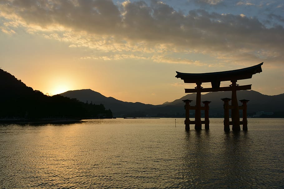 gerbang tori, tubuh, air, emas, jam, kuil, torii, matahari terbenam, saat senja, laut