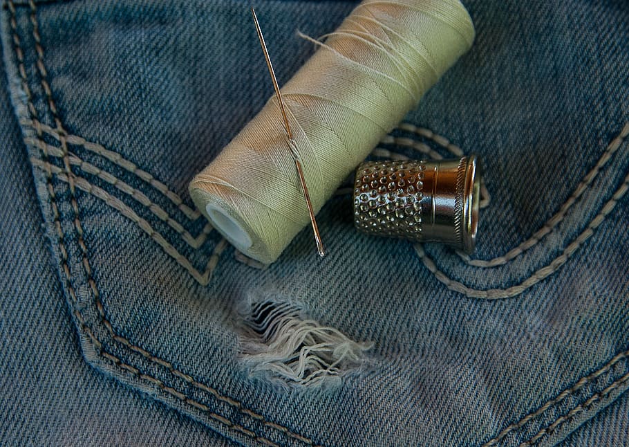gray, needle, beige, thread, pants, jeans, old, worn, hole, couture
