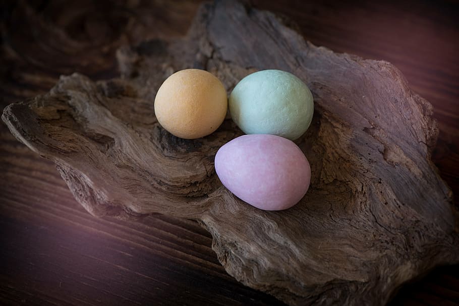 closeup, three, egg bath bombs, wood bowl, egg, chocolate eggs, eggs with frosting, easter, easter eggs, sweet
