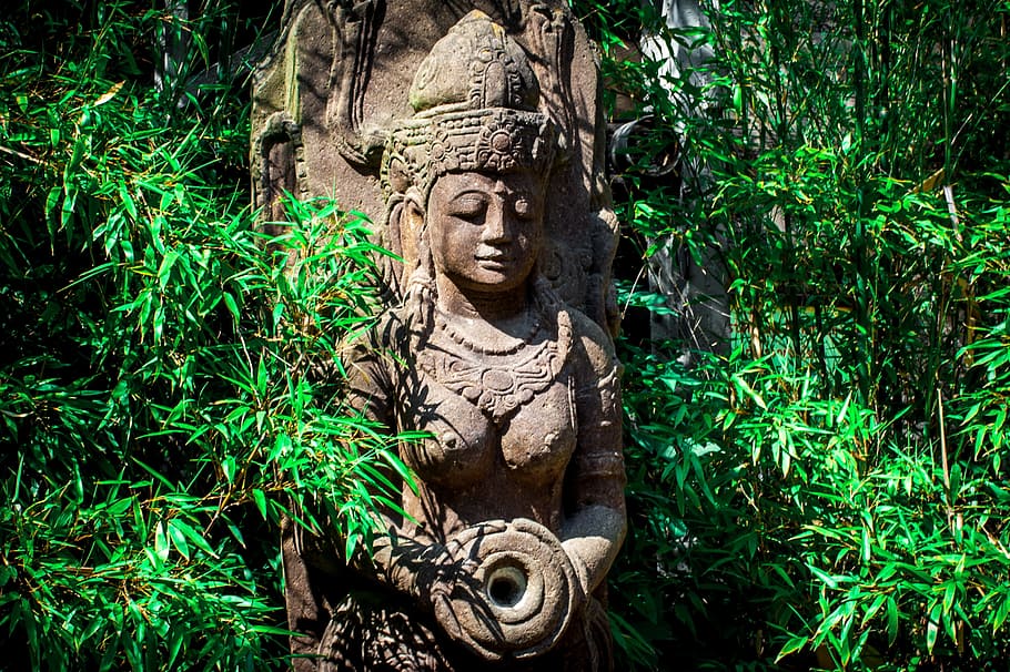 brown, concrete, buddha statue, forest, daytime, india, statue, goddess, stone, woman
