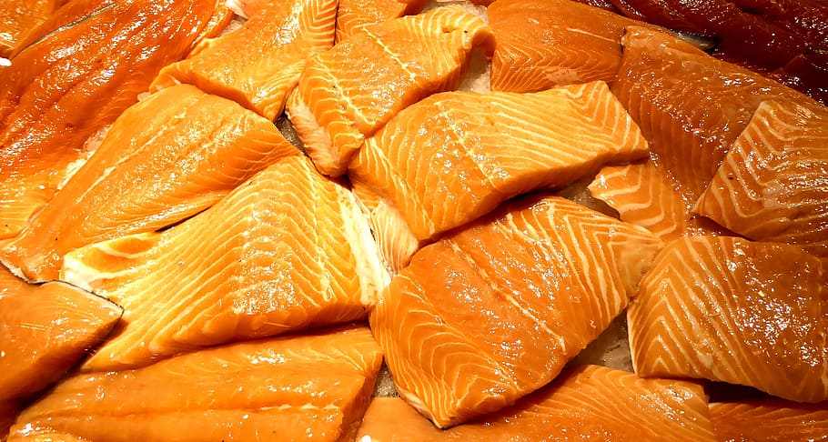 bunch, sliced, raw, meat, pacific wild red salmon, fresh, fish, food, food and drink, freshness