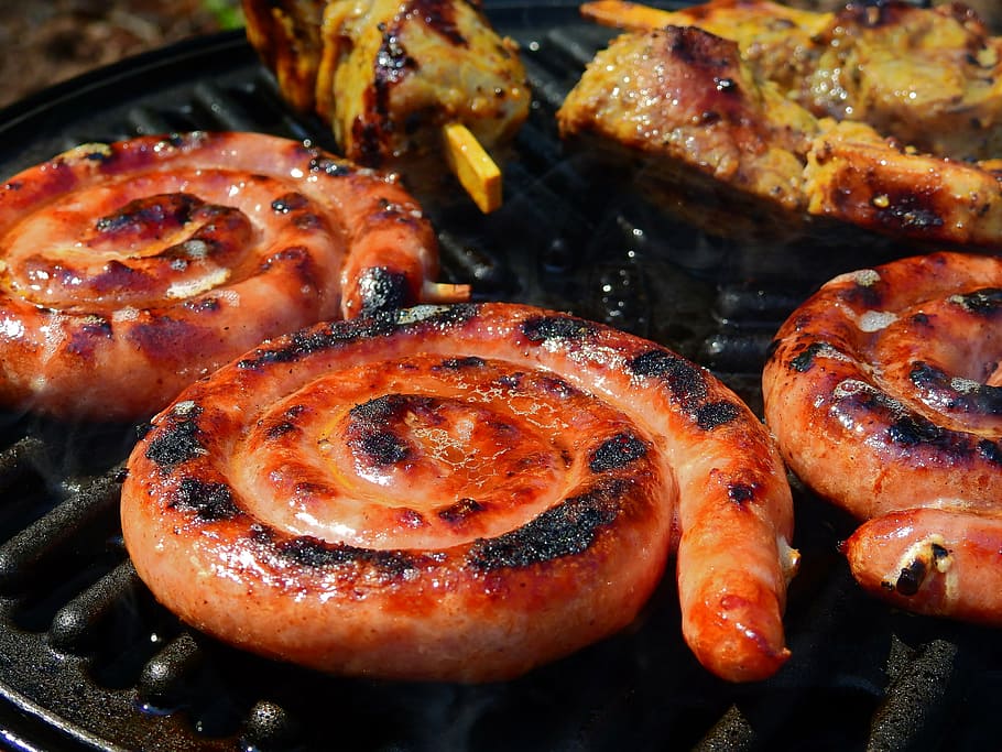 three grilled sausages, barbecue, grill, cook, eat, food, meat, sausage, grilled meats, delicious