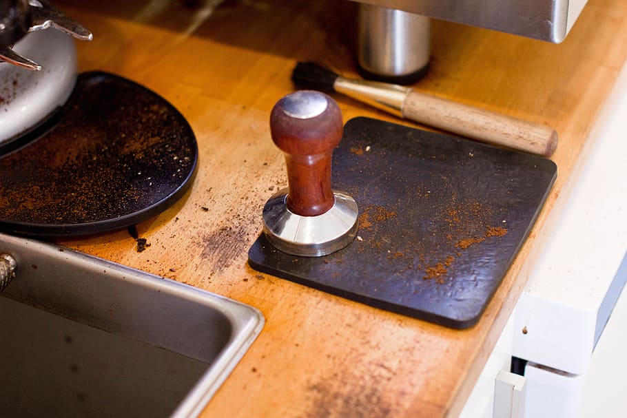 food, drinks, cafe, coffee, espresso, table, tamper, tamping, appliance, stove