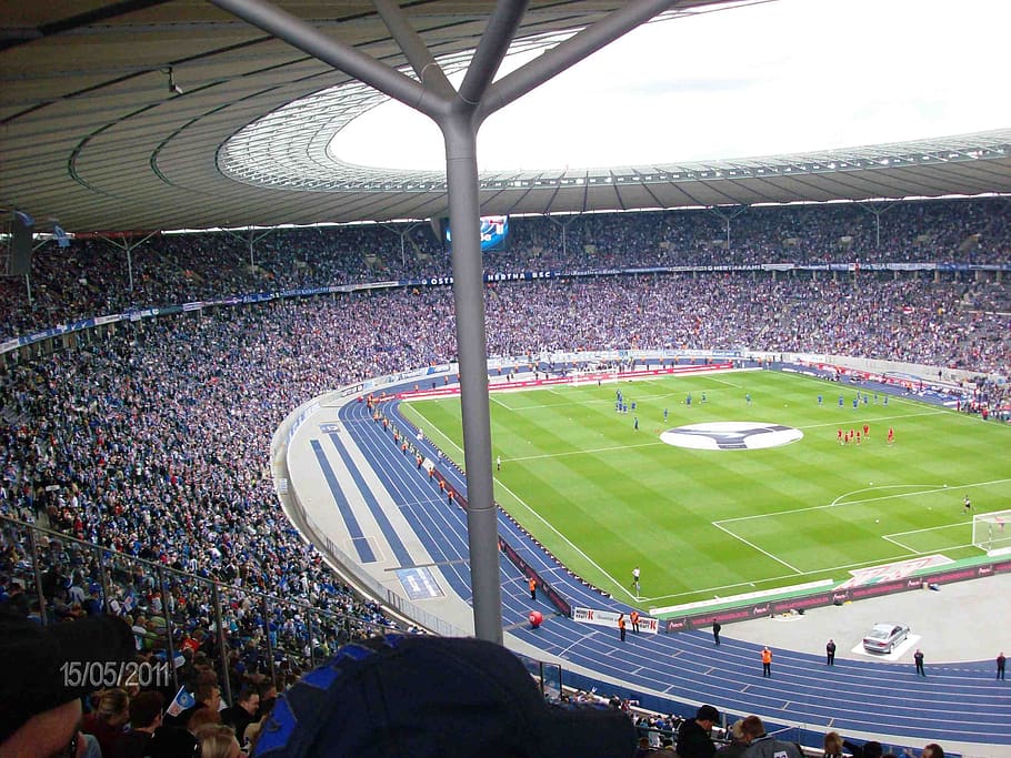 olympic stadium, stadium, football, berlin, football match, sport, hertha, crowd, spectator, group of people