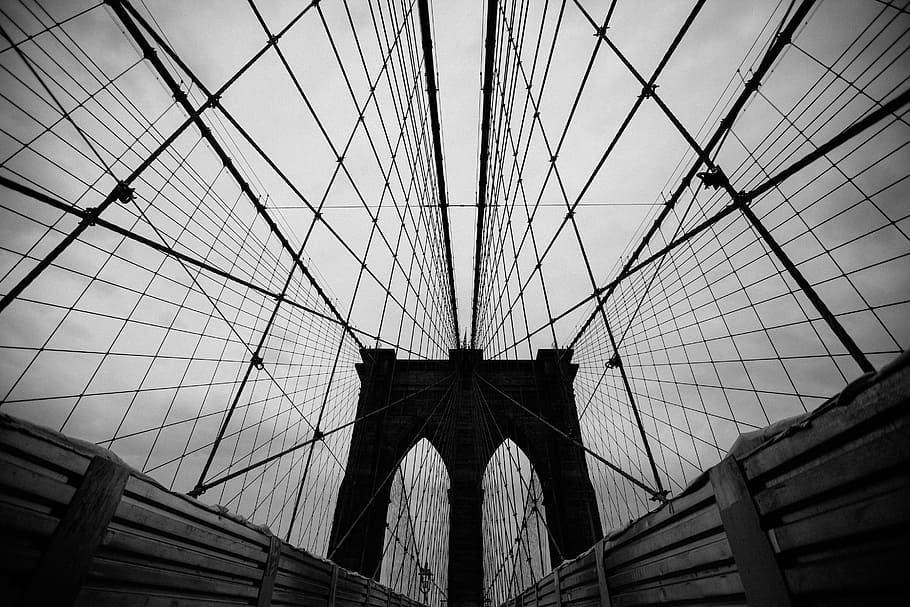 foto em escala de cinza, ponte, arquitetônico, vista, Brooklyn, novo, york, arquitetura, pontes, suspensão