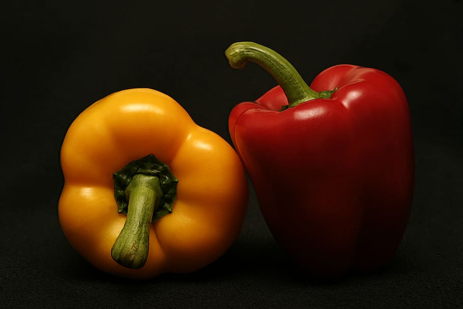 two, red, yellow, bell peppers, bell, peppers, black, surface, food, cook