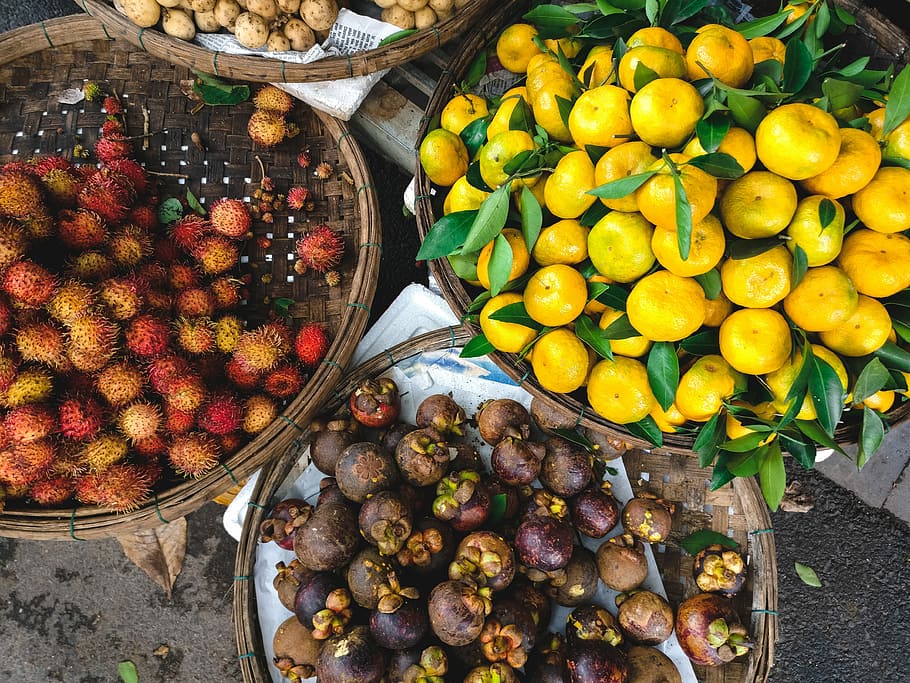 frutas asiáticas, mercado, exóticas, asiáticos, frutas, frutas exóticas, vista superior, madeira, amarelo, alimentos