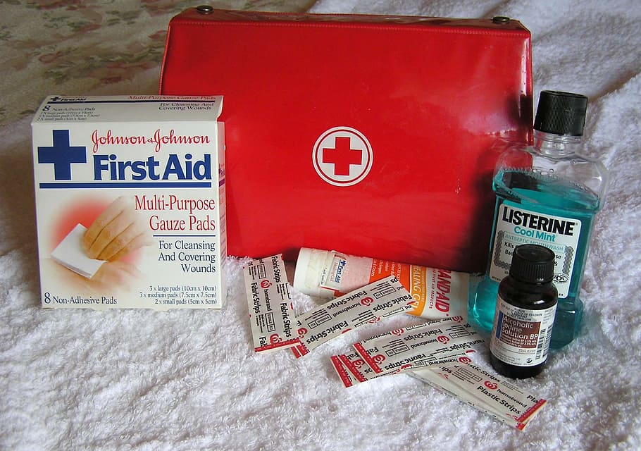 first aid, health, kit, text, indoors, close-up, red, western script, container, communication