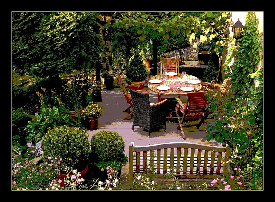 patio table, framed, garden, flowers, nature, flower, flora, blossom, bloom, plant