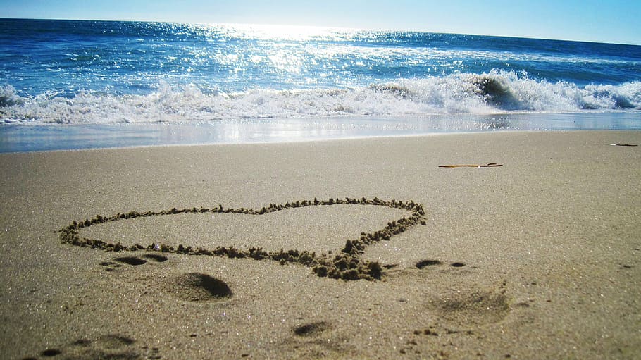 beach, sand, ocean, heart, sea, wave, summer, nature, coastline, single Word