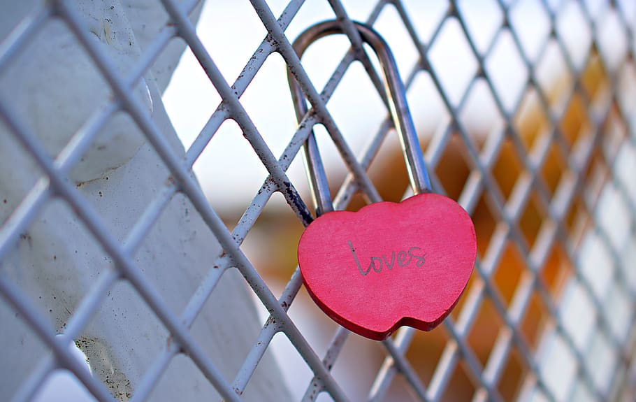 love lock, fence, padlock, love, metal, grid, heart, chain, bridge, romantic