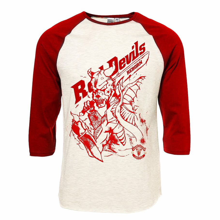 white, red, raglan-sleeved shirt, red devils, manchester united, tshirt, t-Shirt, clothing, fashion, textile