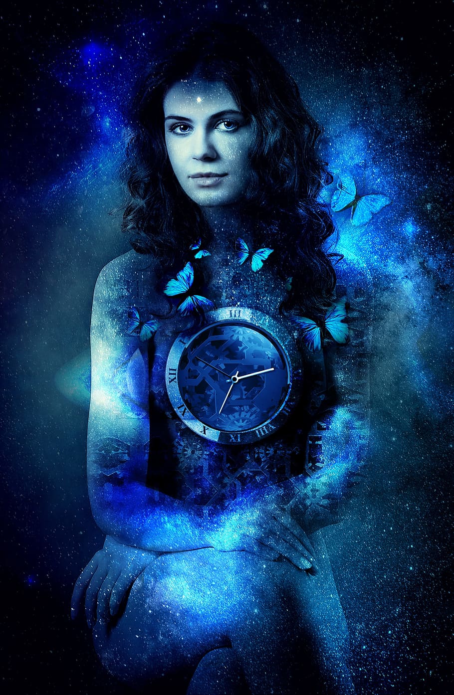 woman, surrounded, butterflies, clock, chest, digital, wallpaper, time, universe, butterfly