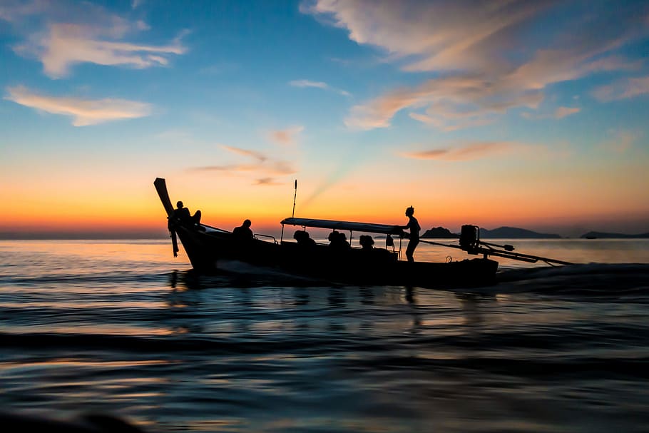 silhouette, people, boat, fishing boat, thailand, old, kho lipe, island, sea, lipe
