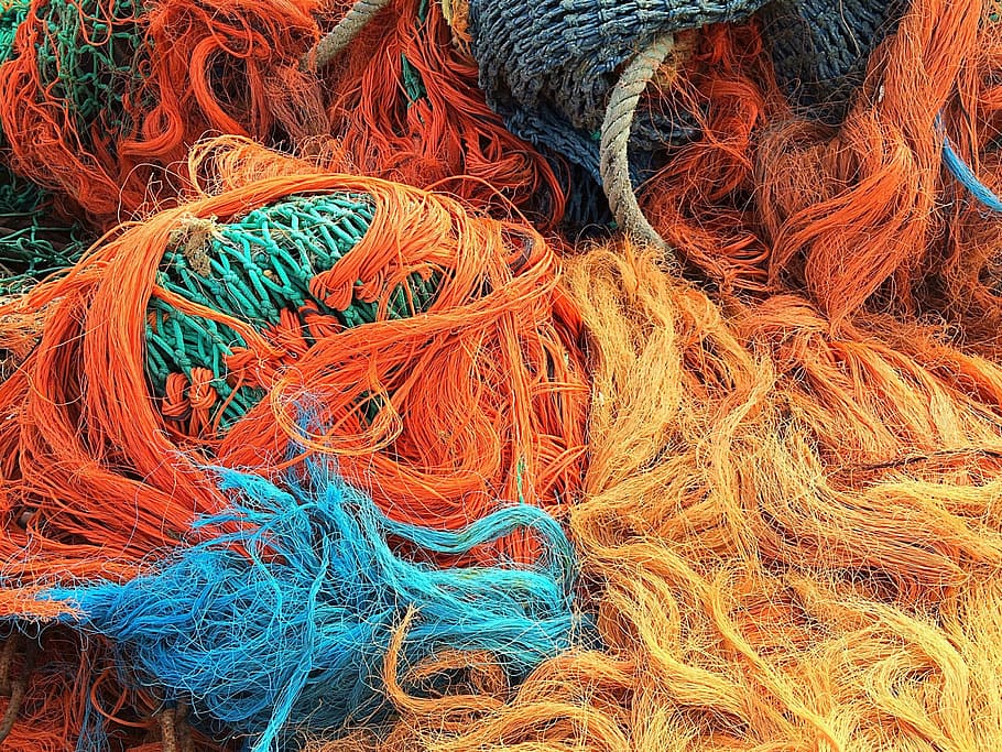 oranye, biru, jaring ikan, ikan, memancing, fischer, berwarna-warni, laut, bingkai penuh, latar belakang