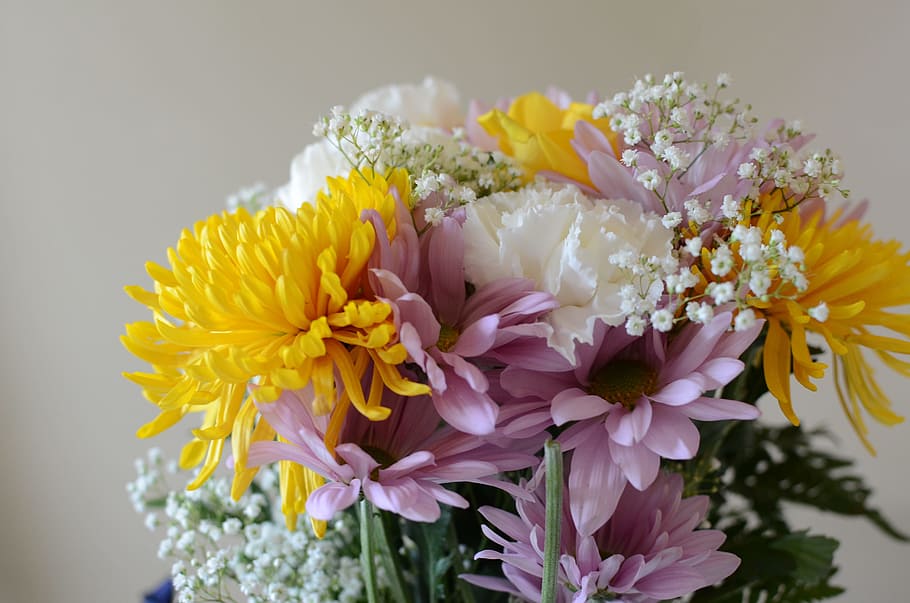 Flowers, Bouquet, Yellow, White, pink, chrysanthemums, lavender, baby's breath, flower, fragility
