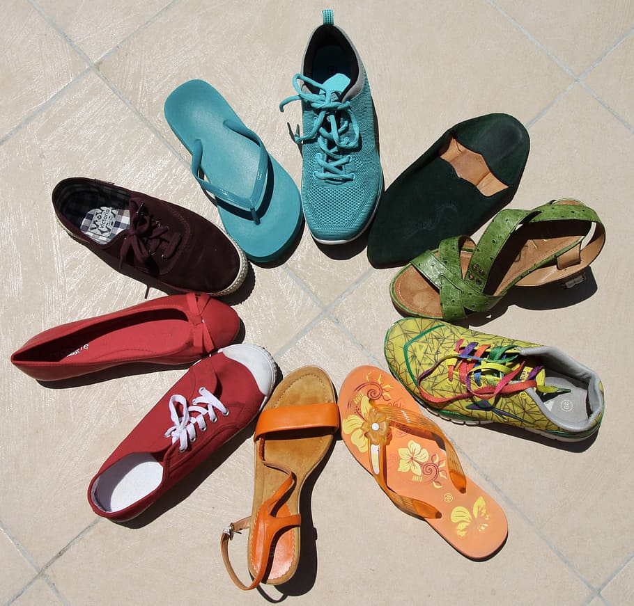 unpaired, shoes lot, daytime, shoes, lot, rainbow, lgbt, diversity, people, human