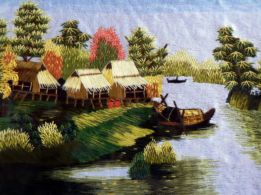 Tapestry, Landscape, Viet Nam, points gained, fabric, water, reflection, day, nature, outdoors