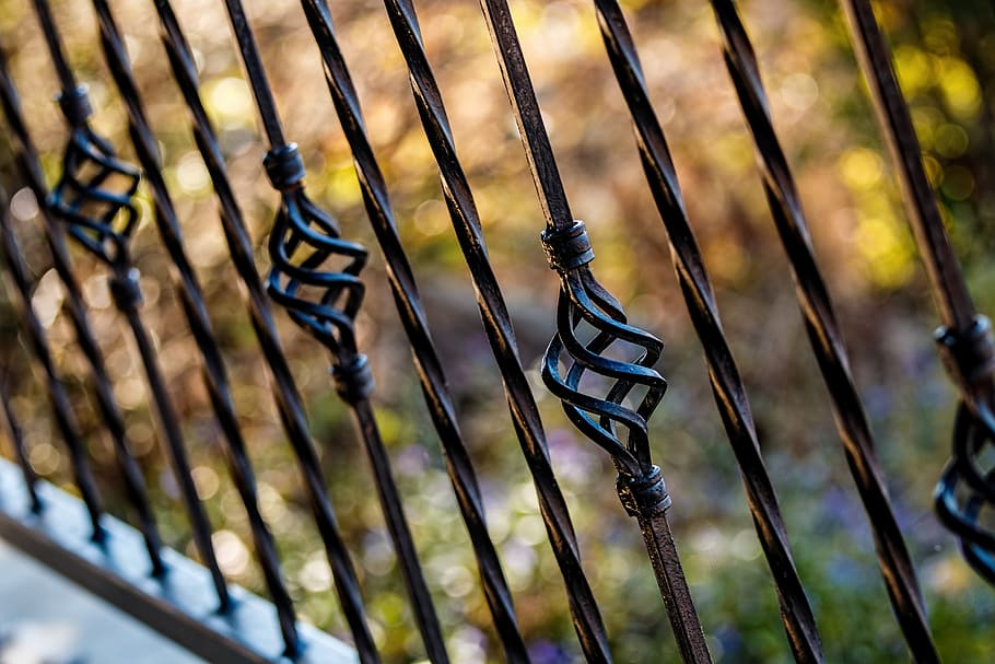 selective, focus photography, black, metal railings, fence, railing, wrought iron, barrier, security, restriction
