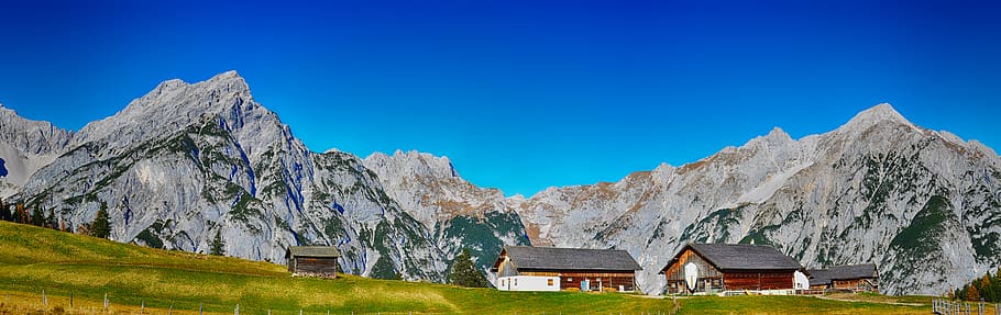 Панорама альпийская ул 7 7 фото tyrol, mountains, alm, hut, panorama, alpine, nature, summit, landscape, austria