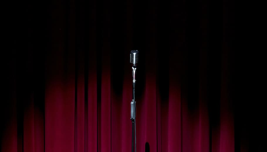 black, microphone, red, curtian, stage, curtain, old microphone, theater, occurs, sound