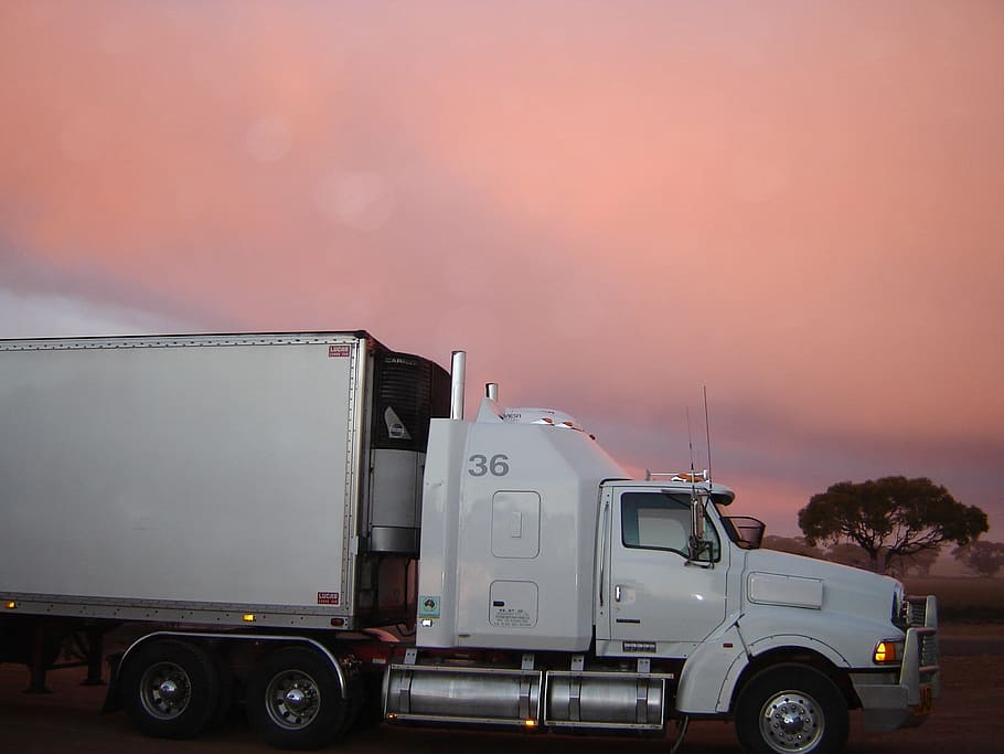 白い貨物トラック, トラック, 貨物自動車, 日没, 道路, 貨物, 配達, トレーラー, 業界, トラック輸送