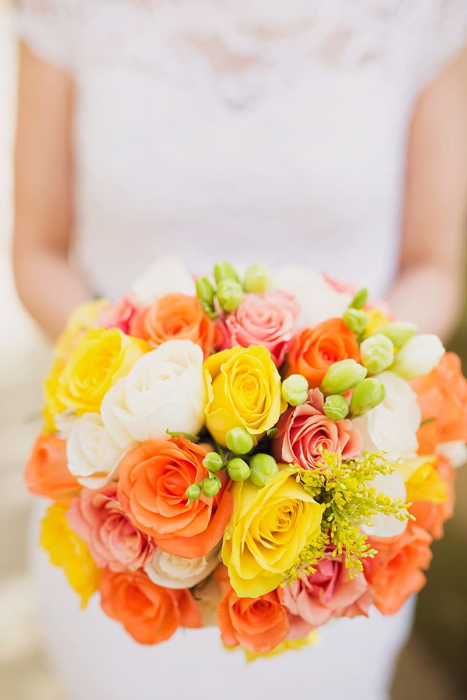 wanita, mengenakan, putih, gaun lengan topi, memegang, kuning-oranye dan putih, mawar, karangan bunga, bunga, dangkal