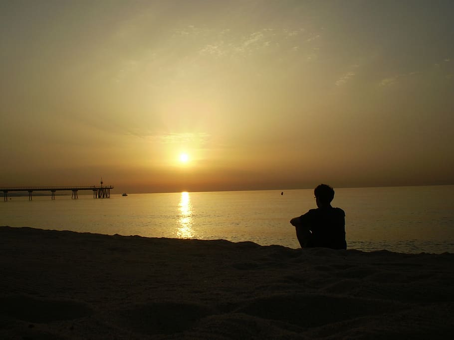 silhouette, man, sitting, sea shore, watching, sunset, beach, person, observing, dawn