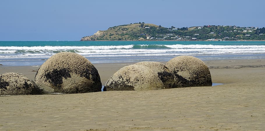 moeraki boulders, new zealand, huge balls, moeraki, rock, otago, coast, stones, beach, sea