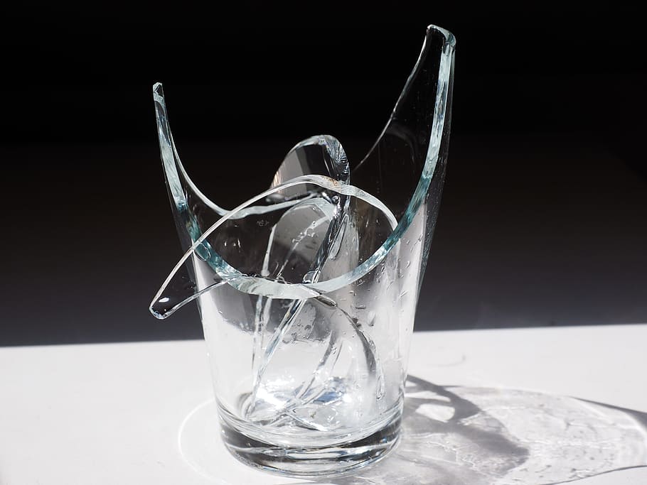 shattered glass cup, Glass, Broken, Shard, Breakage, glass breakage, sharp, cut, broken glass, shards bring luck