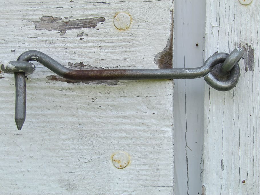 hook, hardware, equipment, screw, metal, closed, close-up, rusty, wood - material, wall - building feature