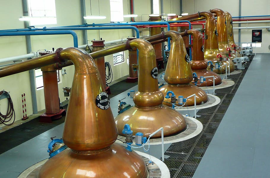 gold metal storage tanks, distillery, scotland, whisky, glenfiddich, whiskey, metal, in a row, indoors, business