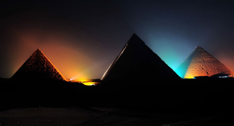 夜, ギザ, ピラミッド, エジプト, 写真, ライト, パブリックドメイン, 人生の驚異, 造られた構造, 人なし
