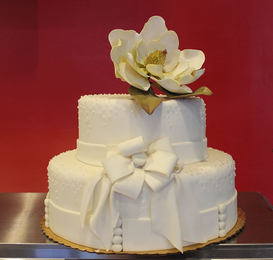 white, fondant cake, petaled flower, top, placed, gray, surface, Flower, Wedding Cake, cake